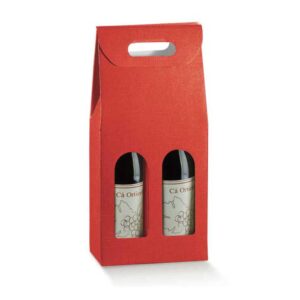 Caixa para duas garrafas em vermelho com janelas e pega