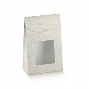Saqueta em cartolina pele branco de base rectangular com vitrine