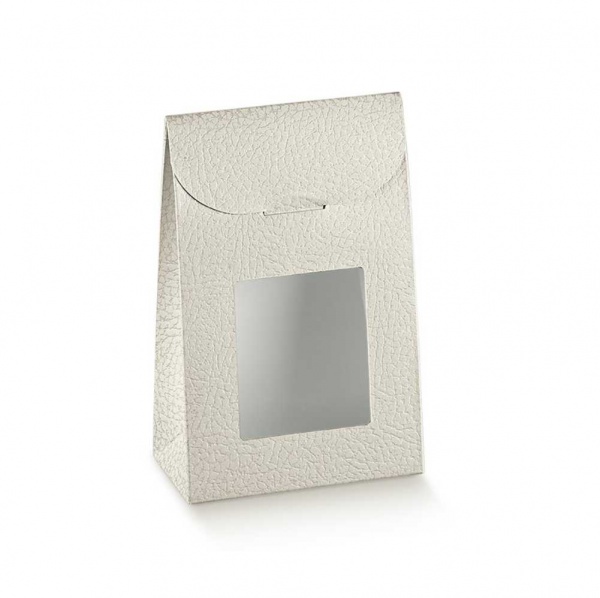 Saqueta em cartolina pele branco de base rectangular com vitrine