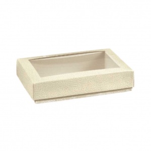 Caixa em cartolina pele branco de base e tampa com vitrine