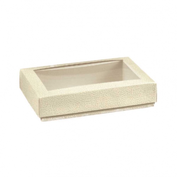 Caixa em cartolina pele branco de base e tampa com vitrine