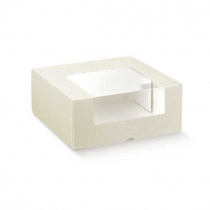Caixa cartolina pele branco com tampa integrada e vitrine