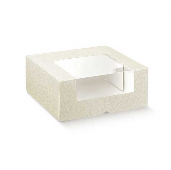 Caixa cartolina pele branco com tampa integrada e vitrine