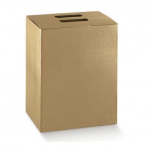 Caixa para seis garrafas em cartão dourado com pega
