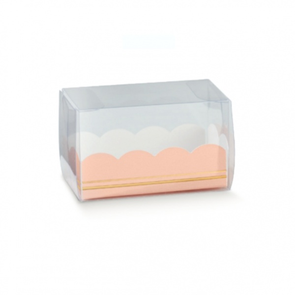 Prisma horizontal transparente com base em cartolina rosa e dourado